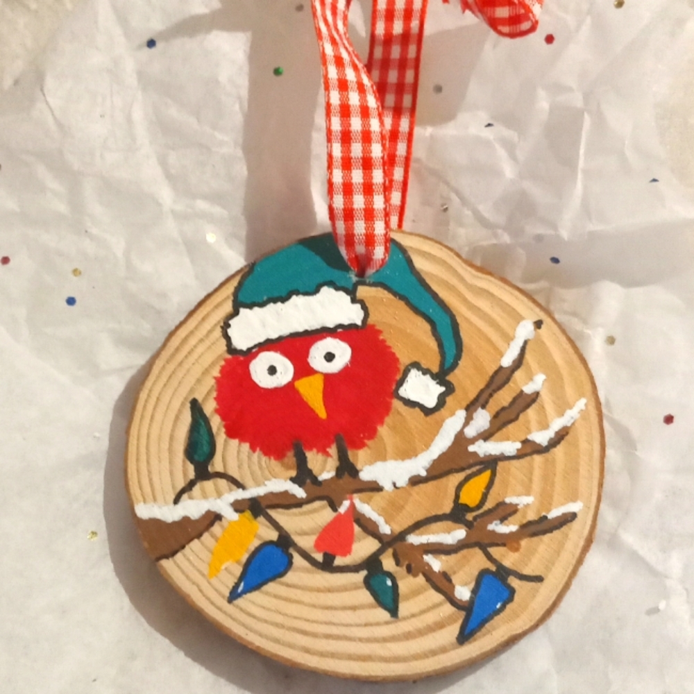 HANDPAINTED WOODSLICE RUSTIC CHRISTMAS ORNAMENT